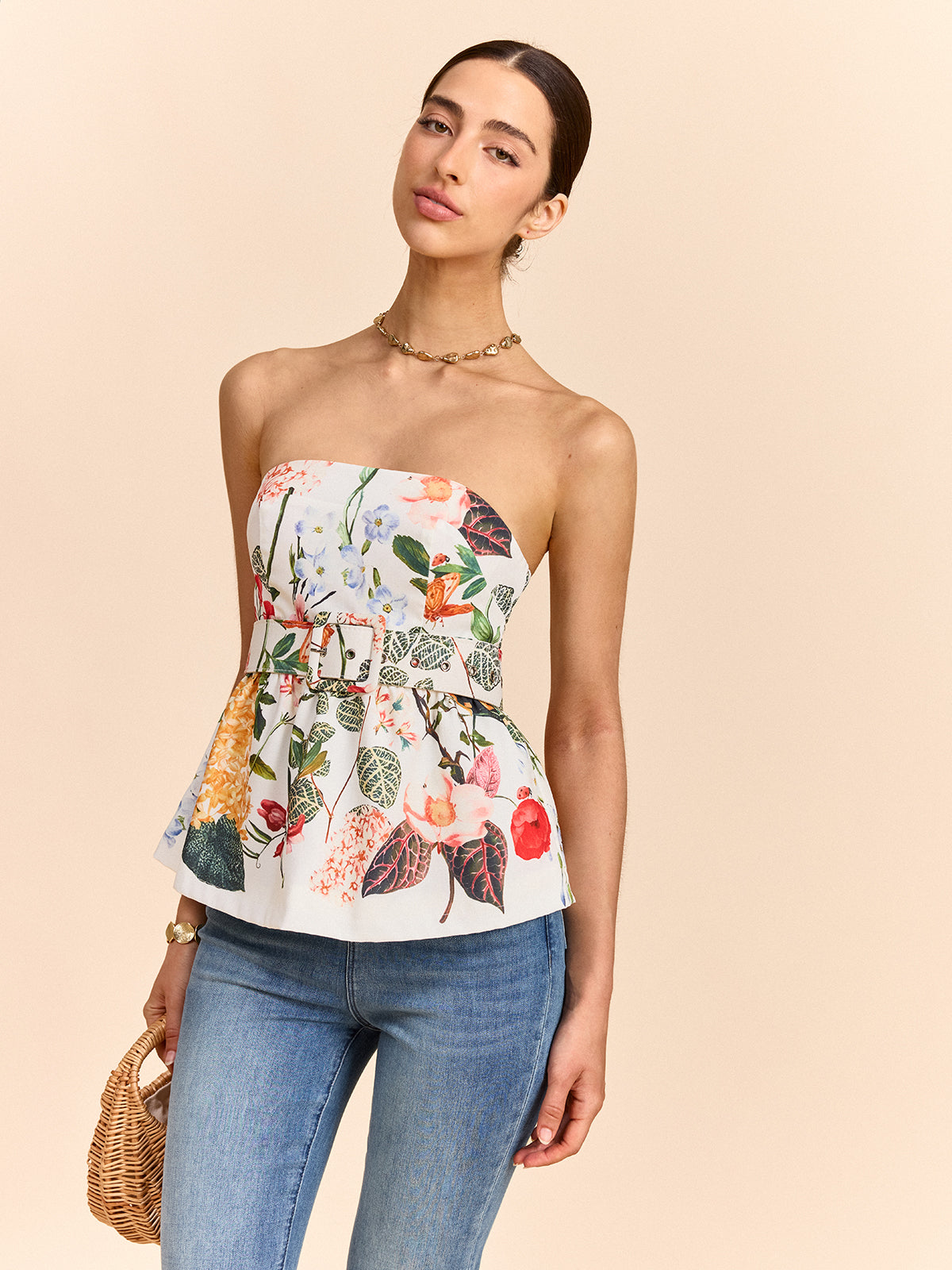 Çiçek Desenli Askısız Peplum Üst Ve Kemer