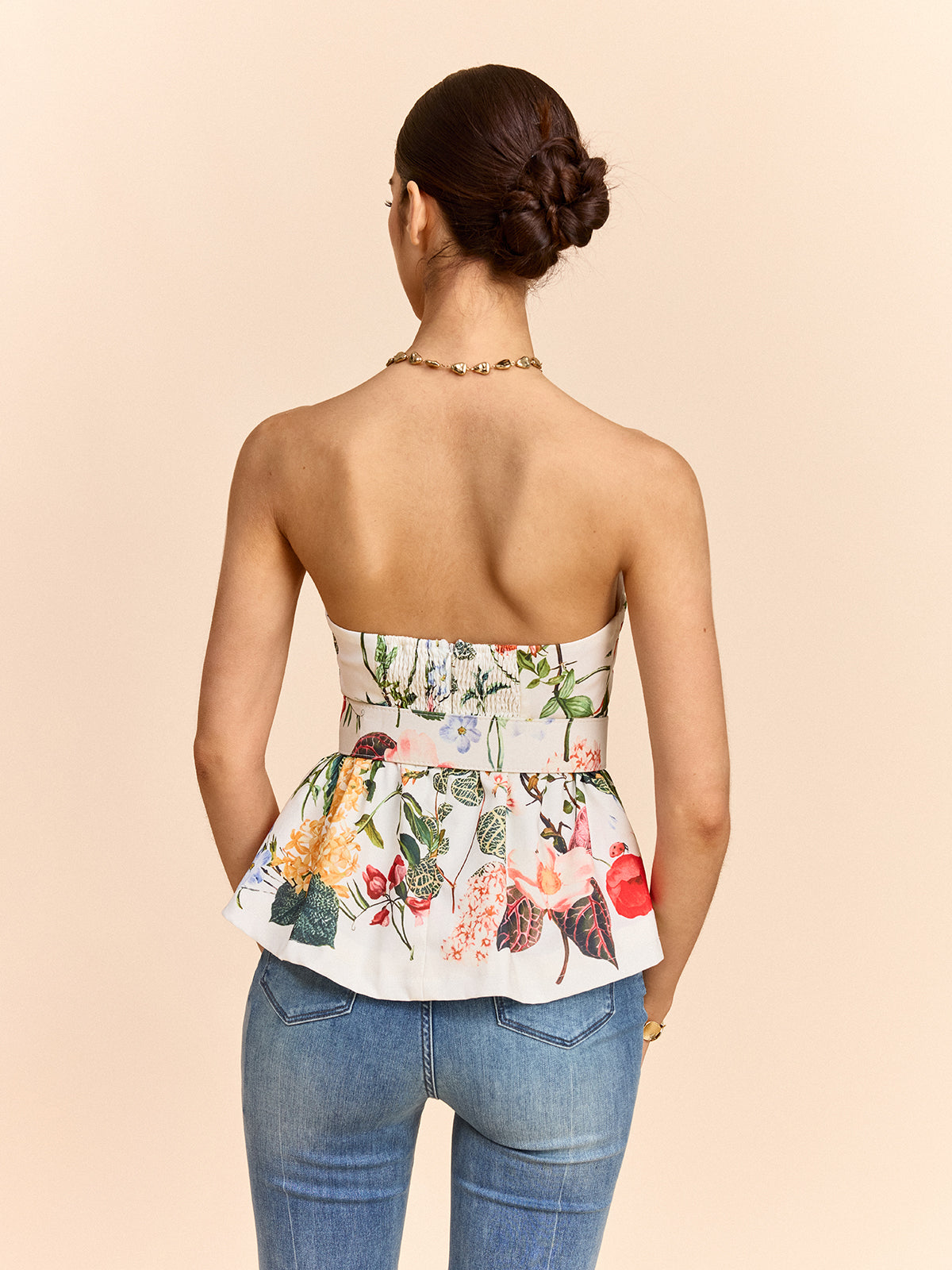 Çiçek Desenli Askısız Peplum Üst Ve Kemer
