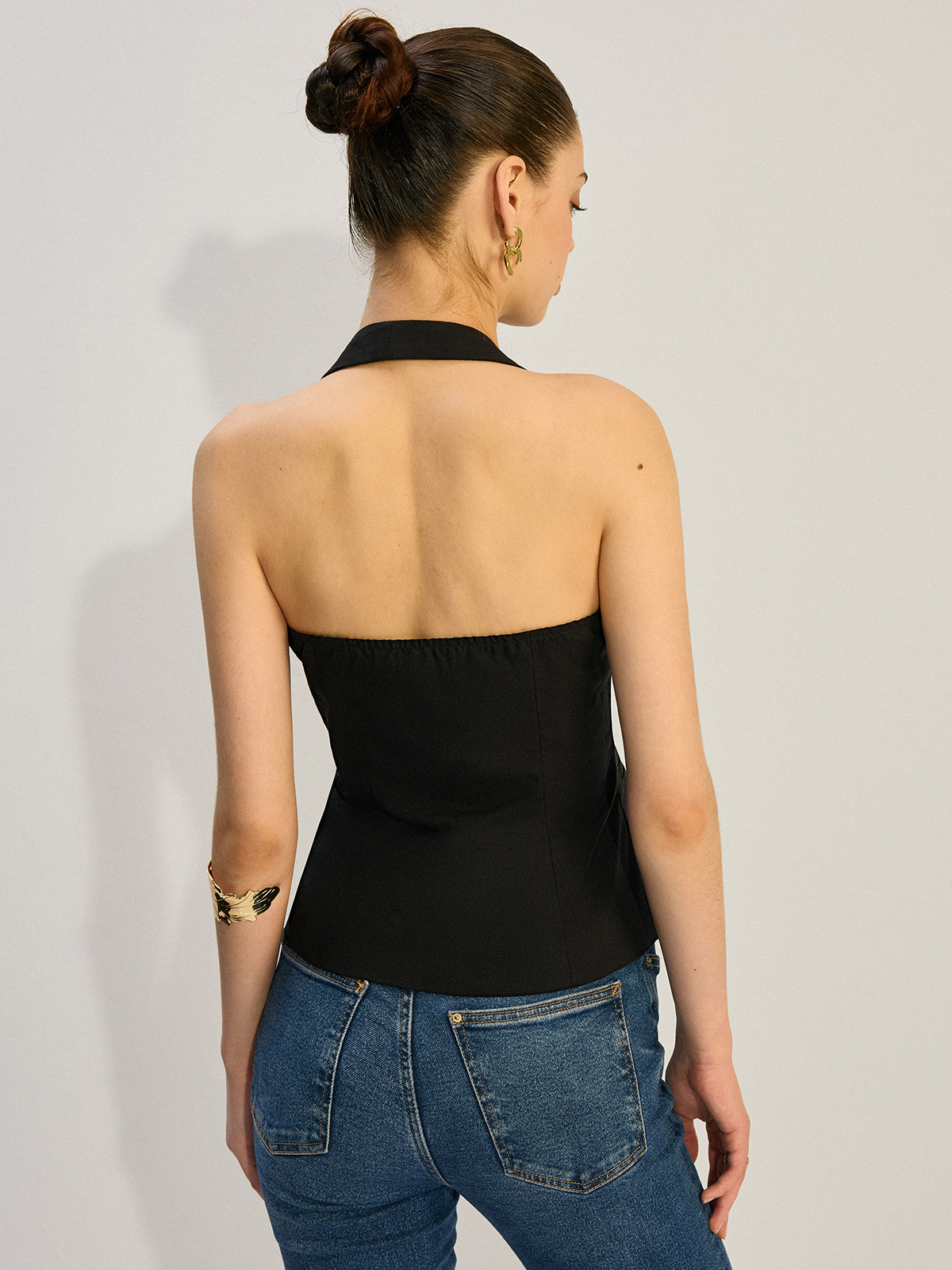 Halter Yaka Asimetrik Düğmeli Yelek