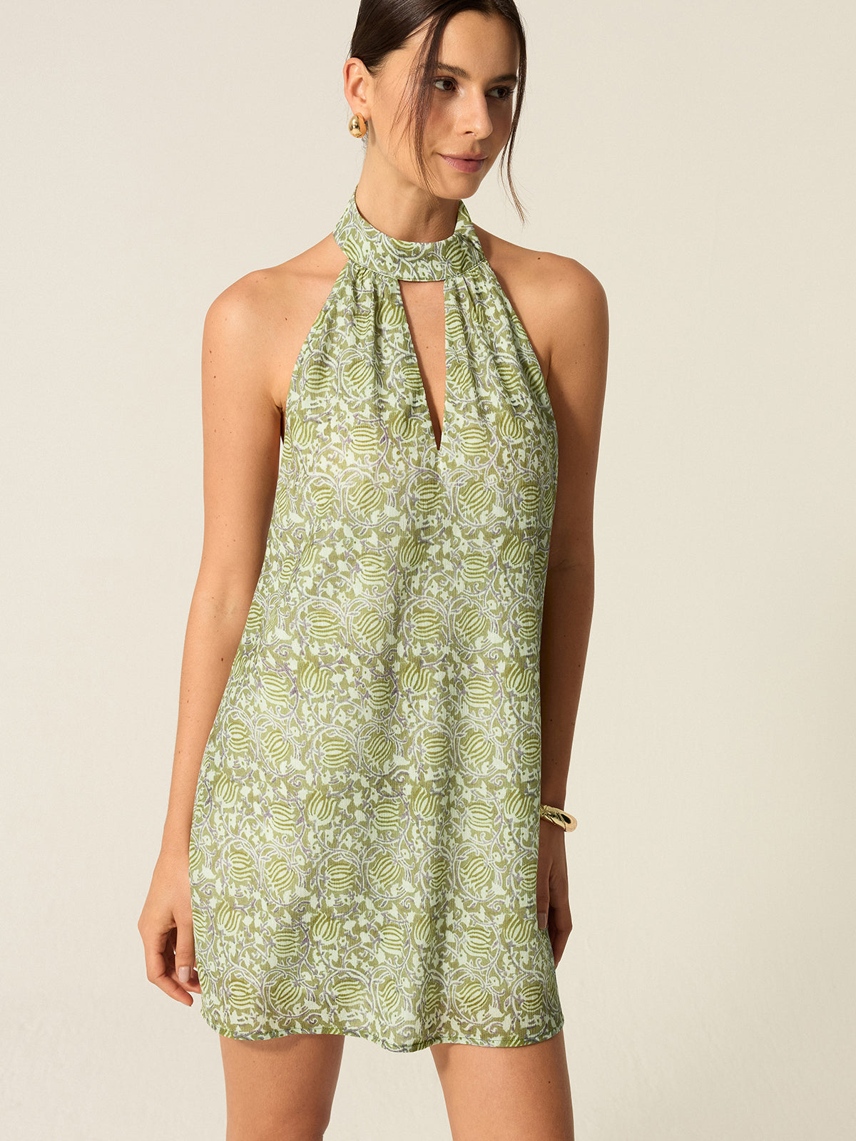 Halter Yaka Kesik Baskılı Mini Elbise