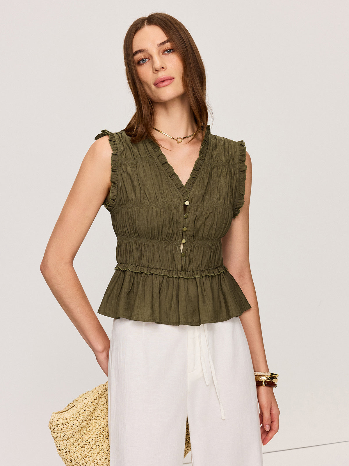 Volanlı V Yaka Peplum Üst