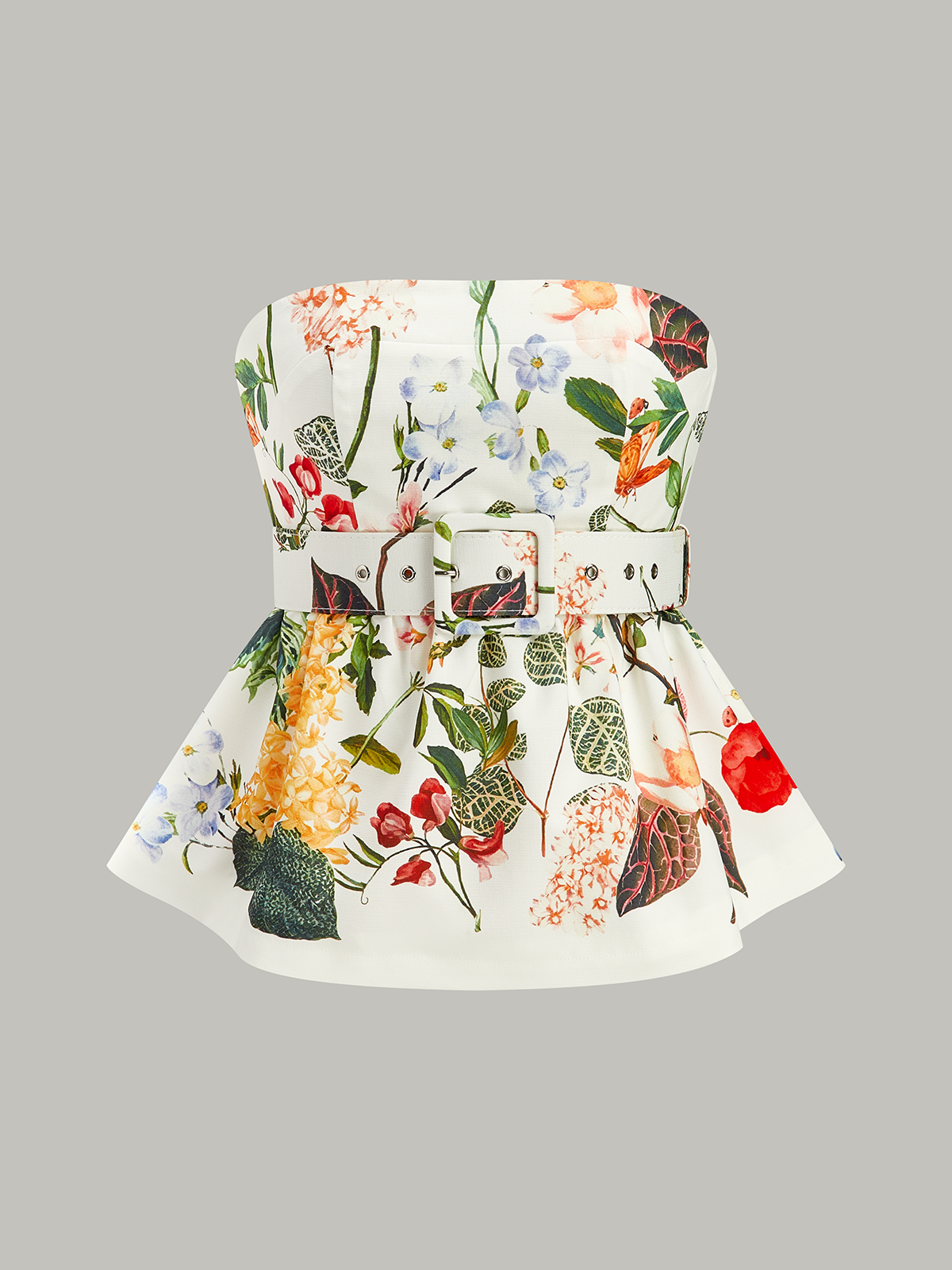 Çiçek Desenli Askısız Peplum Üst Ve Kemer