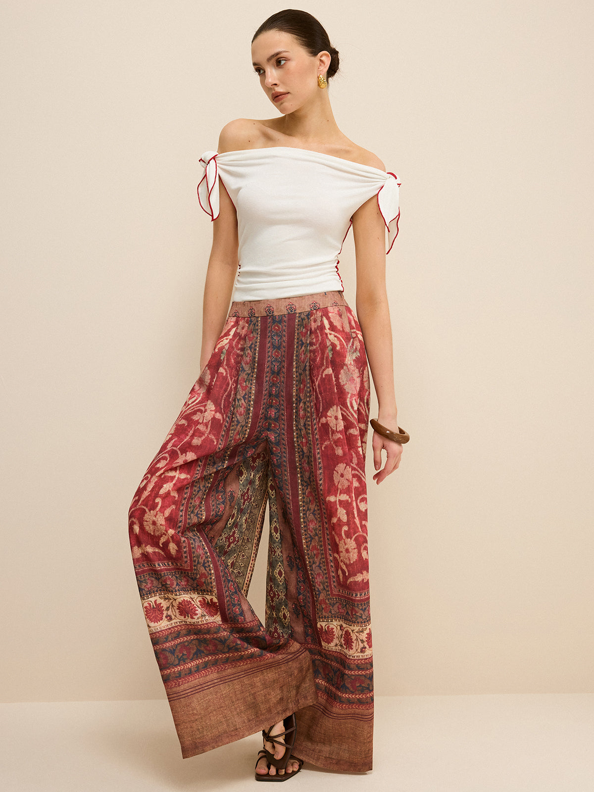 Boho Desenli Geniş Paça Pantolon