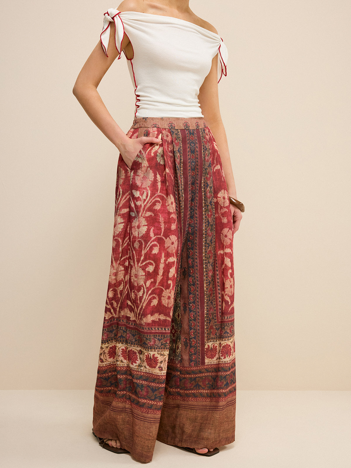Boho Desenli Geniş Paça Pantolon