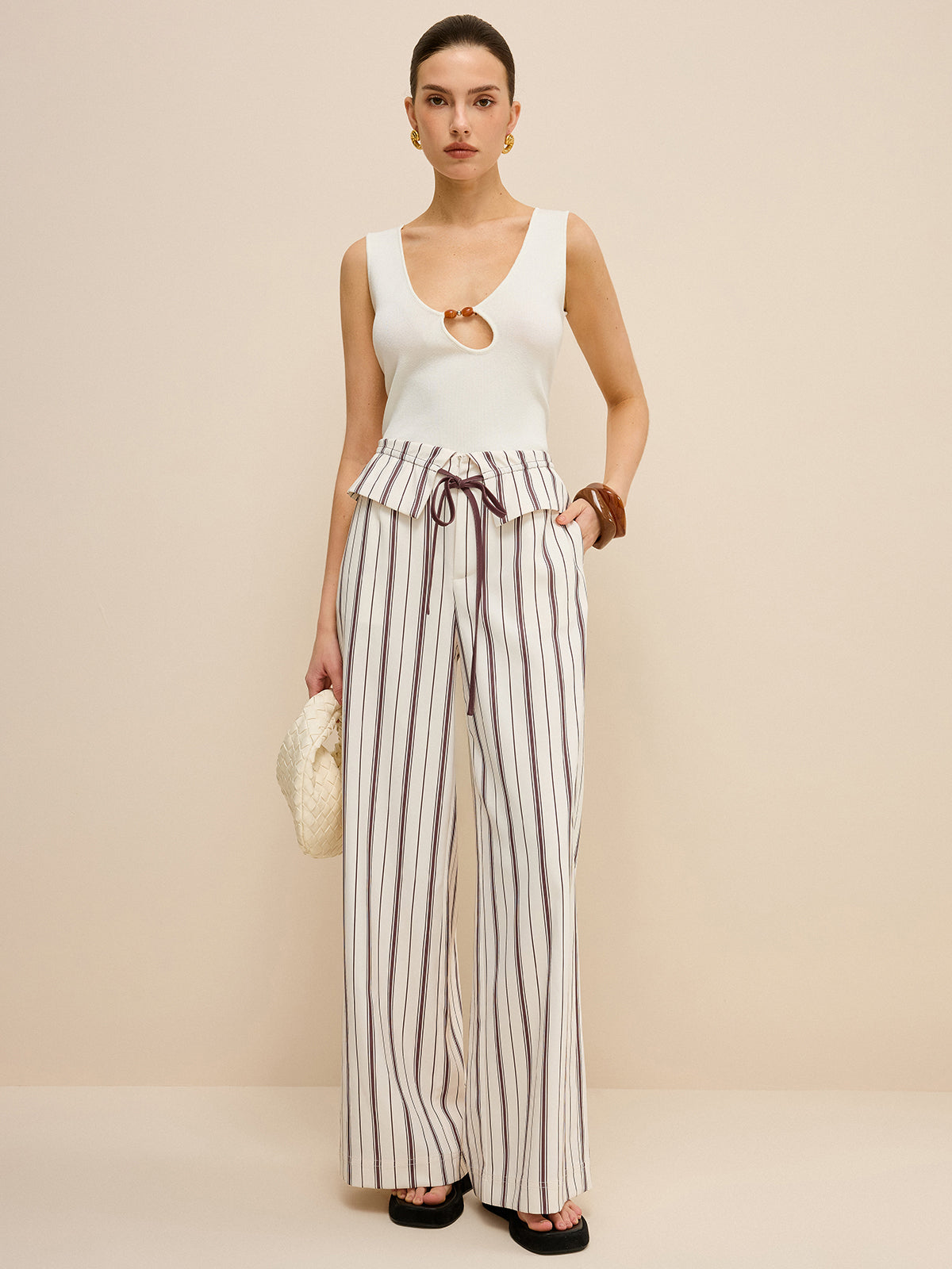 Peplum Bel Çizgili Geniş Paça Pantolon