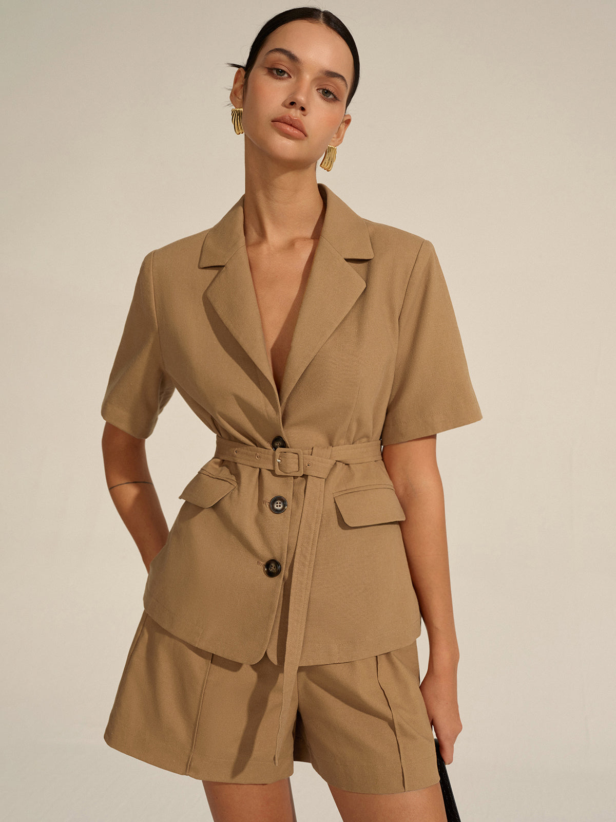 Kısa Kollu Kemerli Blazer