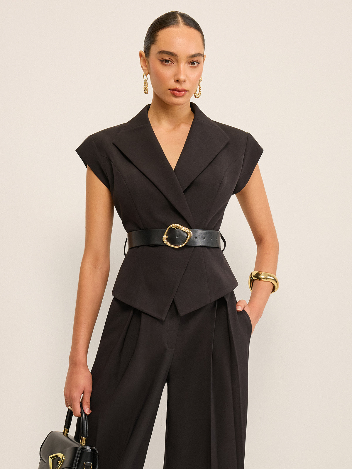Metal Tokalı Kemerli Peplum Yelek