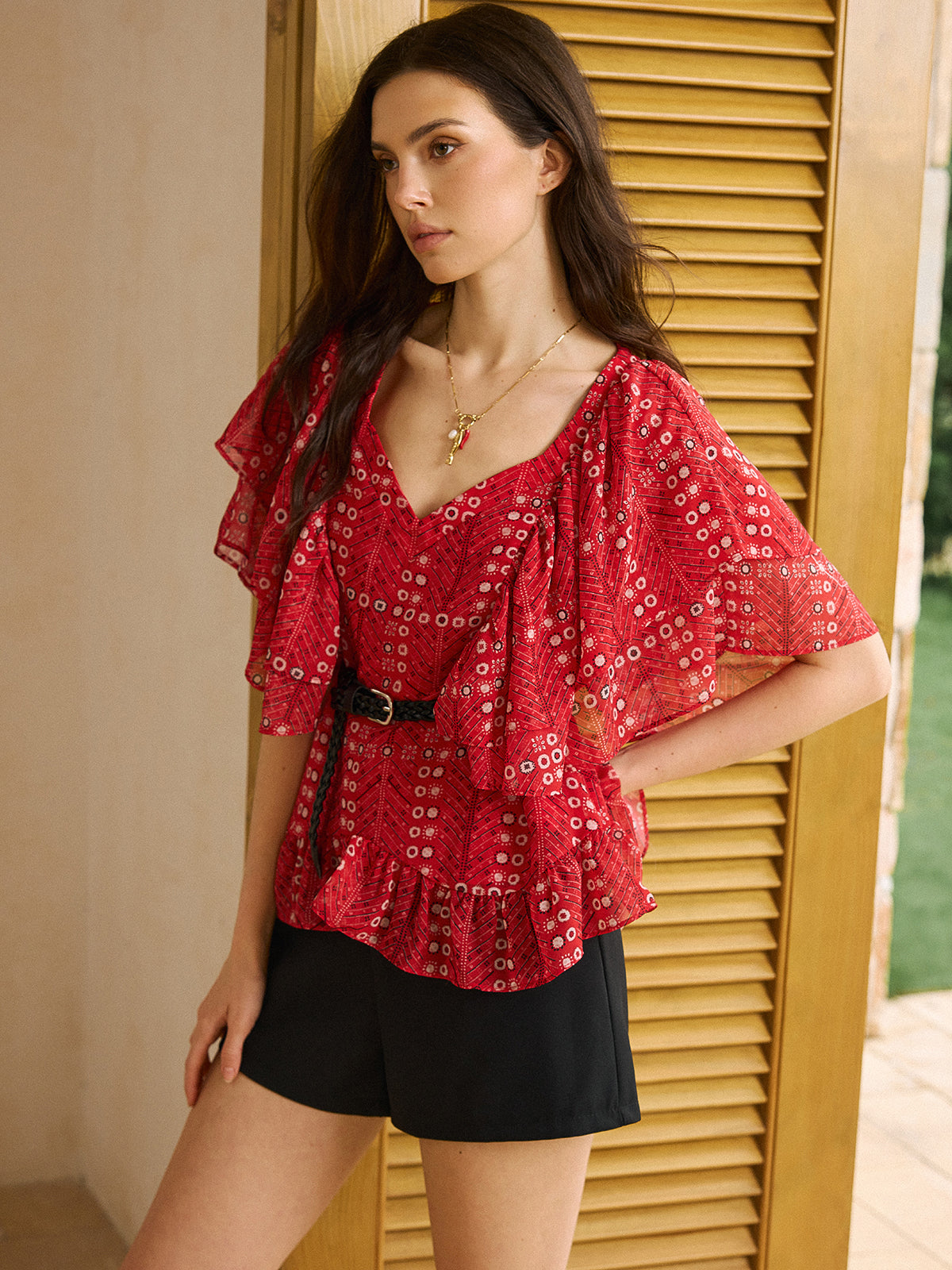 Kemerli Baskılı Fırfırlı Peplum Üst
