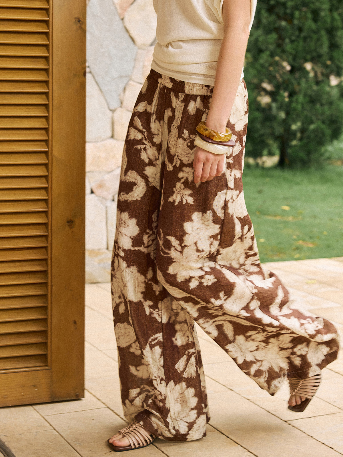 Vintage Baskılı Keten Geniş Paça Pantolon