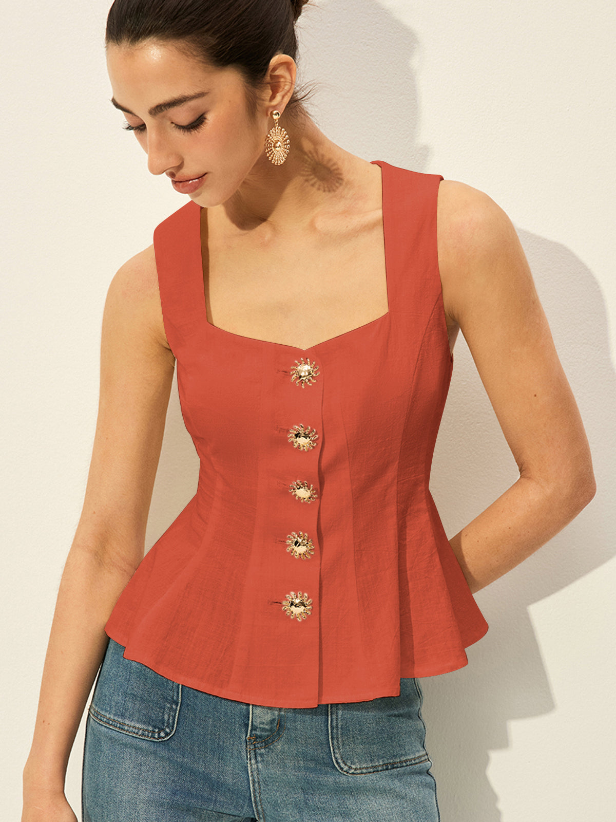 Kare Yakalı Önü Düğmeli Peplum Üst