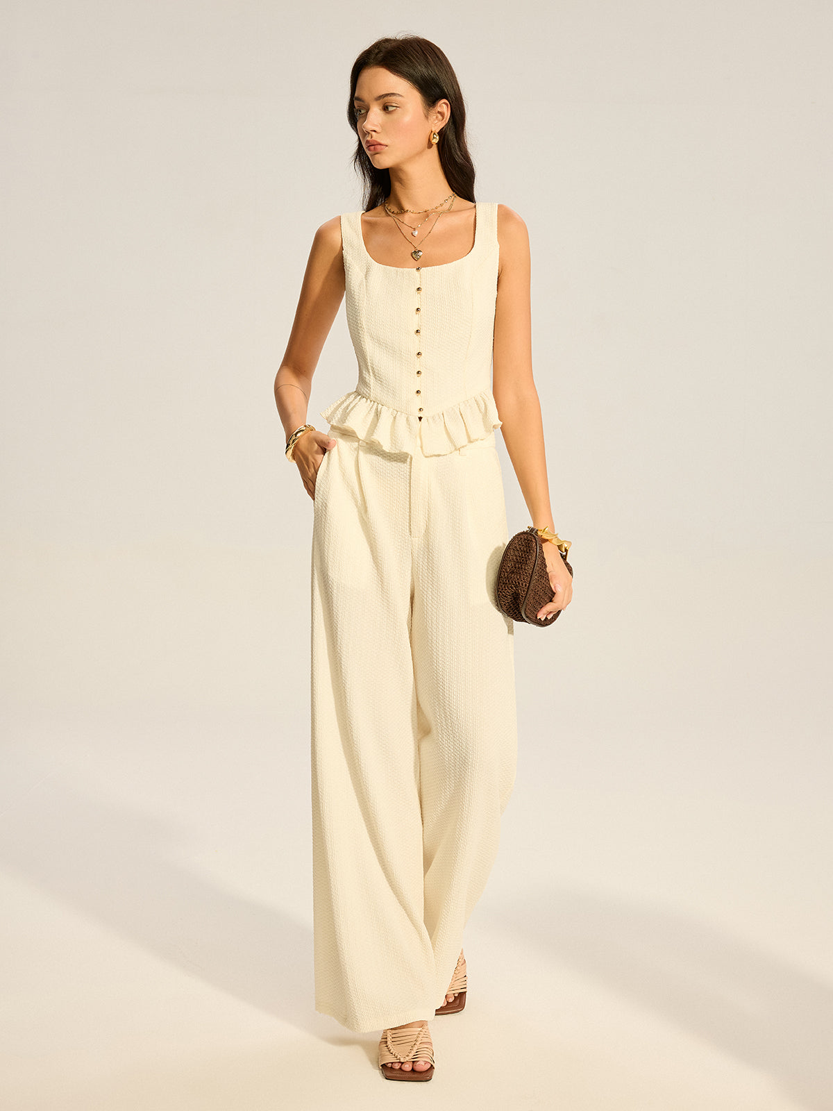Dokulu Peplum Üst Ve Geniş Paça Pantolon Takımı
