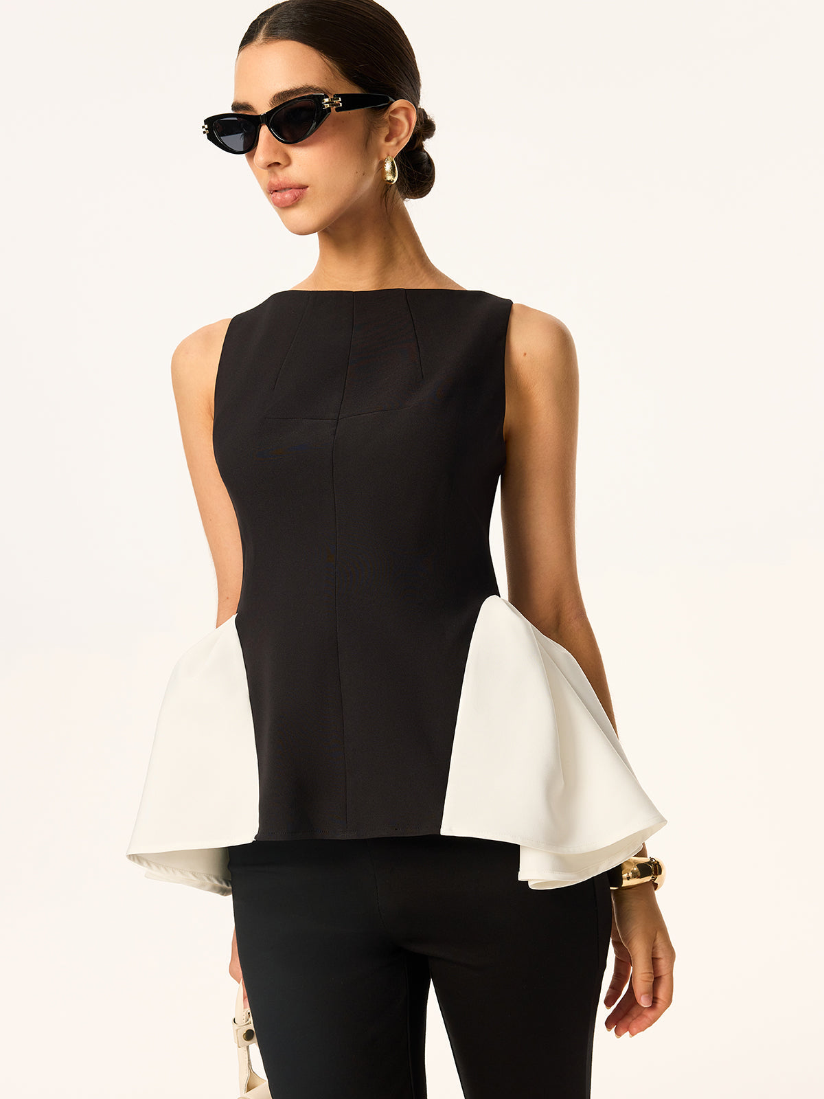 Renk Bloklu Peplum Bel Kolsuz Bluz