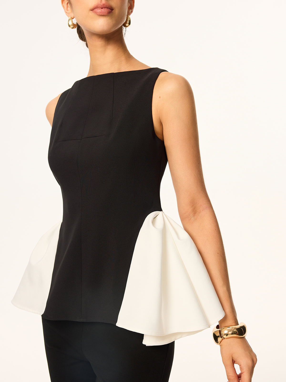 Renk Bloklu Peplum Bel Kolsuz Bluz