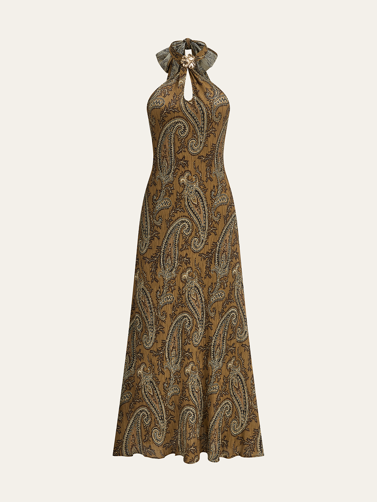 Paisley Desenli Askılı Sırtı Açık Uzun Elbise