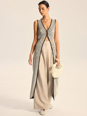 Çiçek Desenli Kontrastlı Triko Maxi Yelek