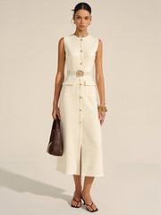 Düğmeli Kemerli Uzun Elbise