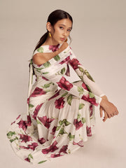 Çiçek Desenli Ağ Maxi Elbise Şal Detaylı
