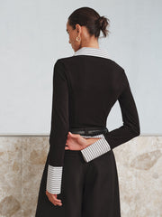 İki Renkli Uzun Kollu Düğmeli Yaka Tişört