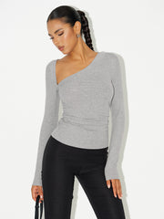 Asimetrik Yaka Fırfırlı Uzun Kollu Bluz