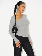 Asimetrik Yaka Fırfırlı Uzun Kollu Bluz