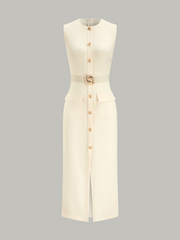 Düğmeli Kemerli Uzun Elbise