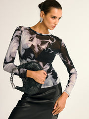Yarı Şeffaf Mermer Desenli Uzun Kollu Bluz