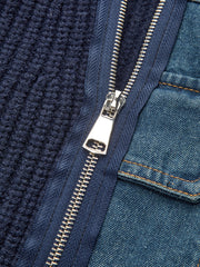 Asimetrik Fermuarlı Panelli Kot Kumaşlı Triko Hırka