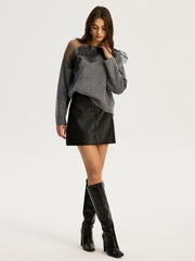 Çiçek Desenli Dantelli Yuvarlak Yaka Kazak