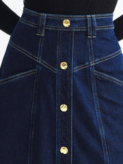 Metal Düğmeli Kot Midi Etek