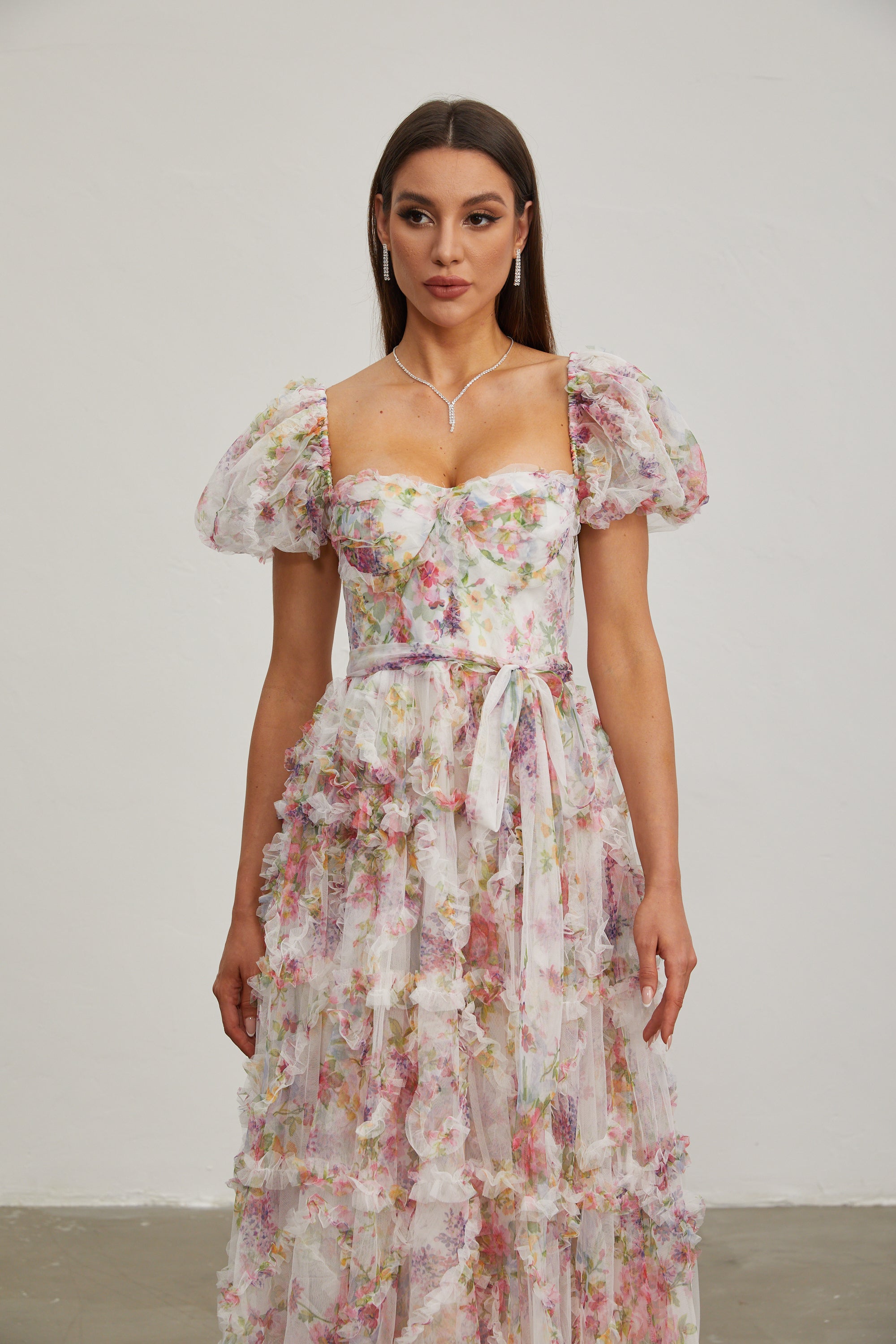 Jacinthe Rozetli Balon Kollu Maxi Elbise