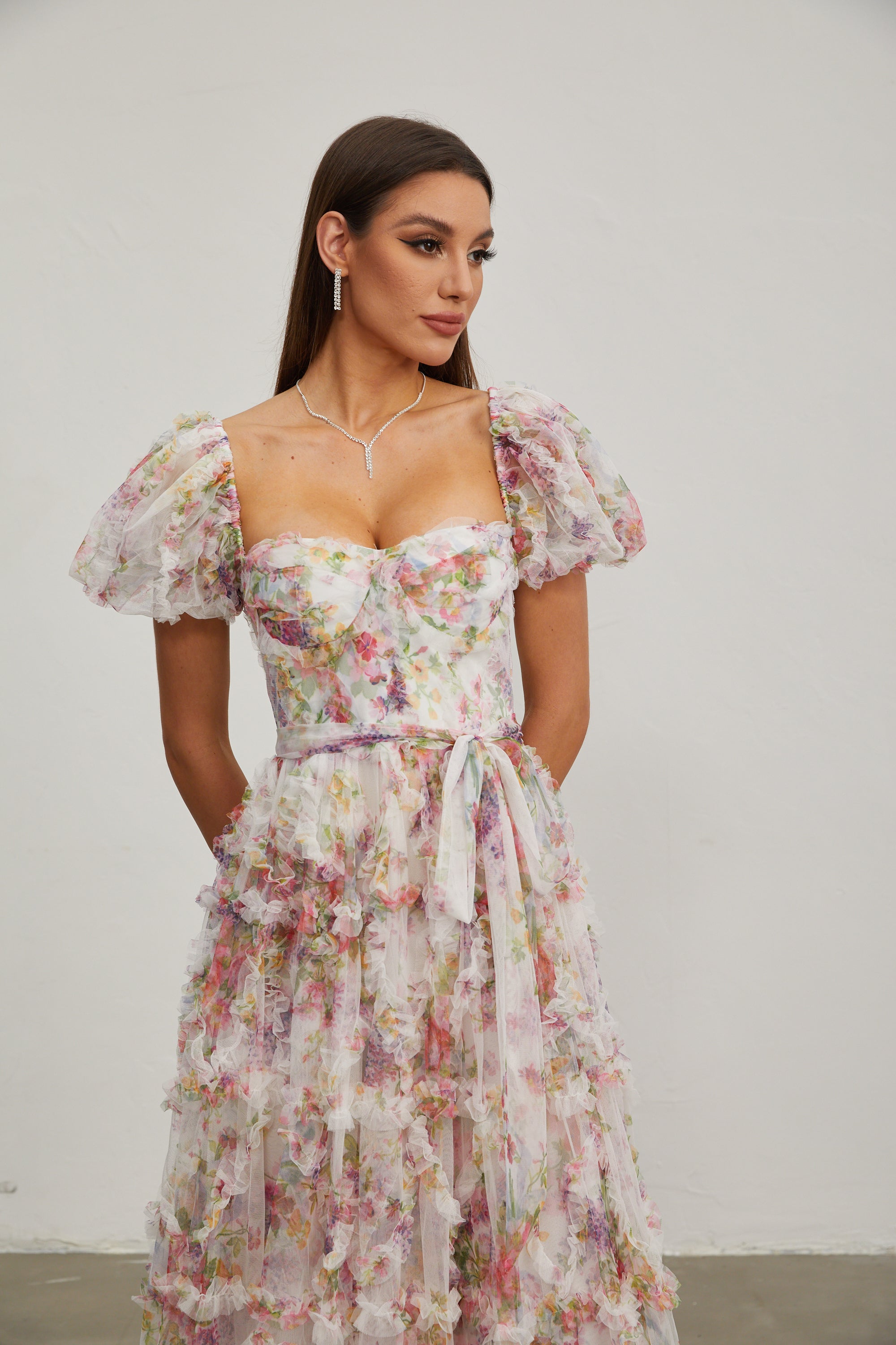 Jacinthe Rozetli Balon Kollu Maxi Elbise