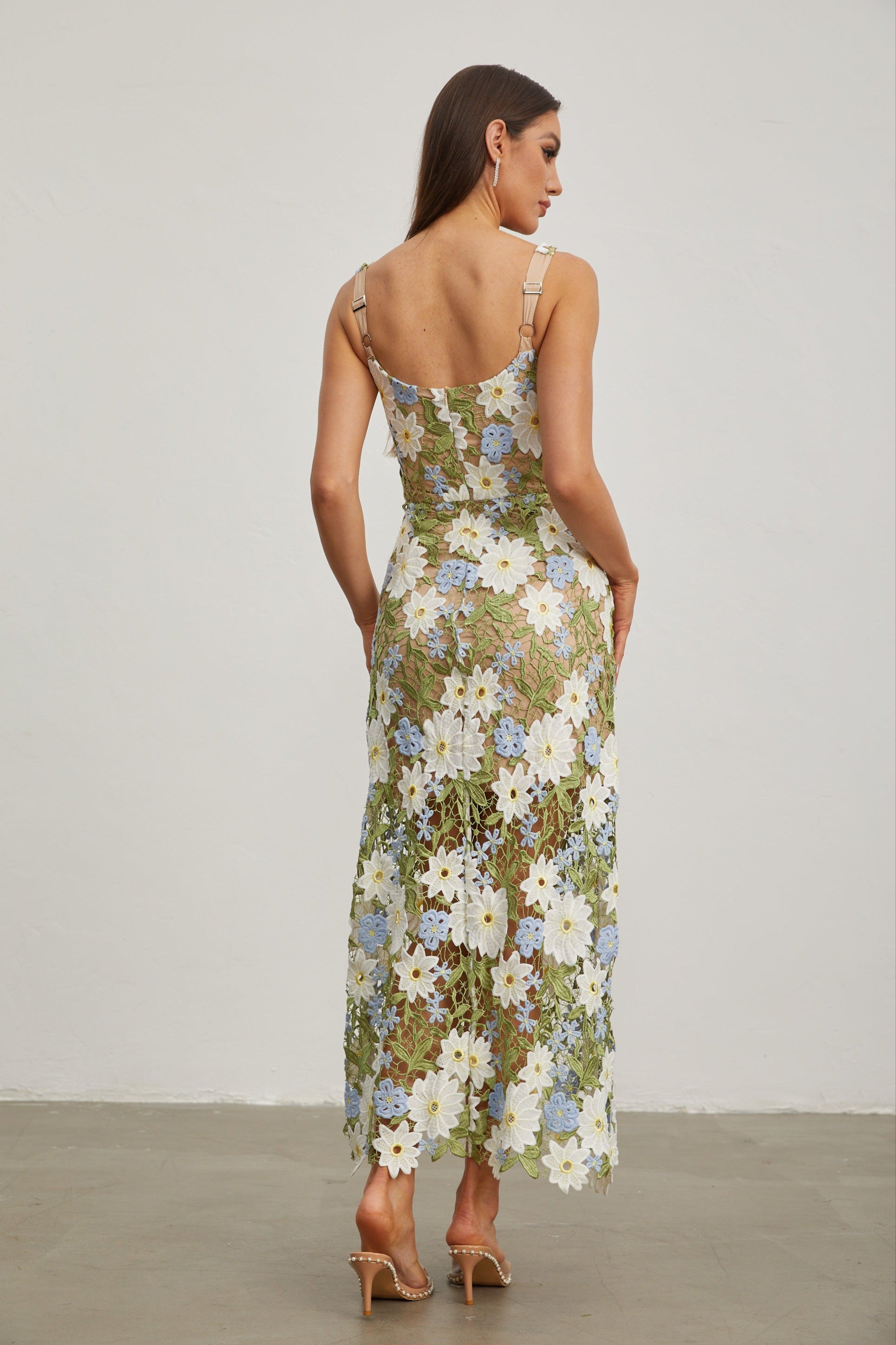 Denisa Botanica Kolsuz Nakışlı Midi Elbise