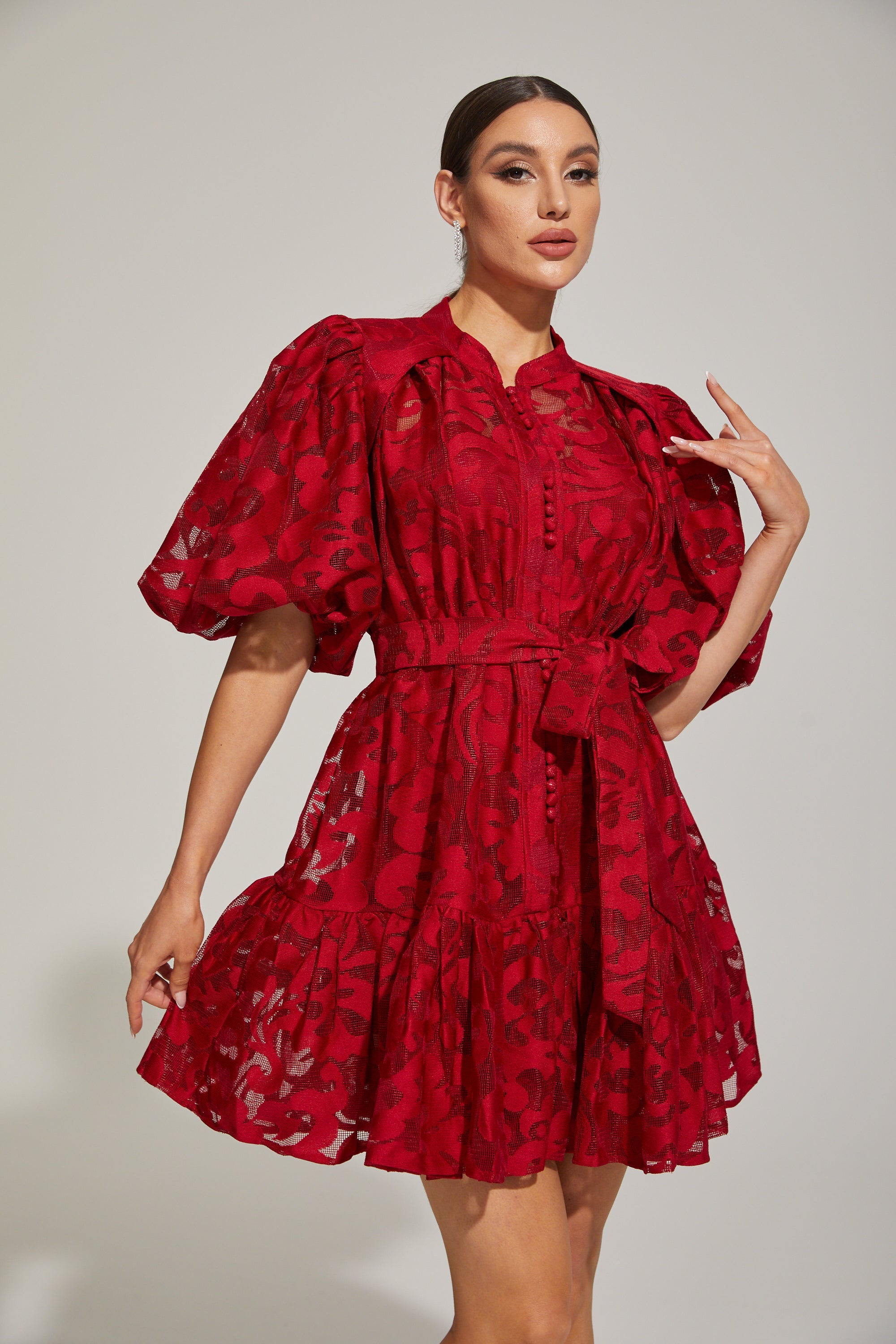 Tatienne Kırmızı Çiçekli Kemerli Mini Elbise