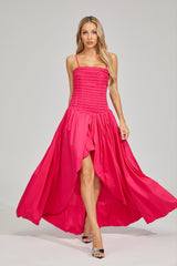 Pembe Pileli Straplez Maxi Elbise