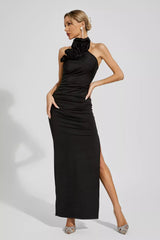 Natalie Siyah Çiçekli Fırfırlı Halter Maxi Elbisesi