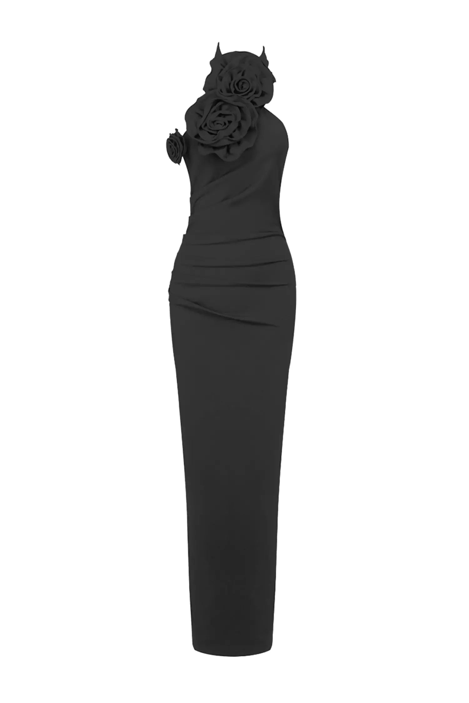 Natalie Siyah Çiçekli Fırfırlı Halter Maxi Elbisesi