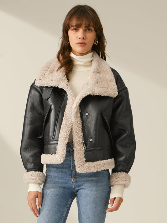 Sherpa Astarlı Shearling Deri Uçuş Ceketi