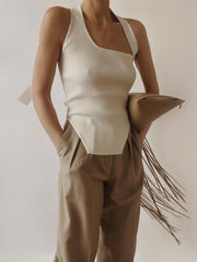 Asimetrik Boyun Bağlamalı Örgülü Yelek