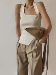 Asimetrik Boyun Bağlamalı Örgülü Yelek