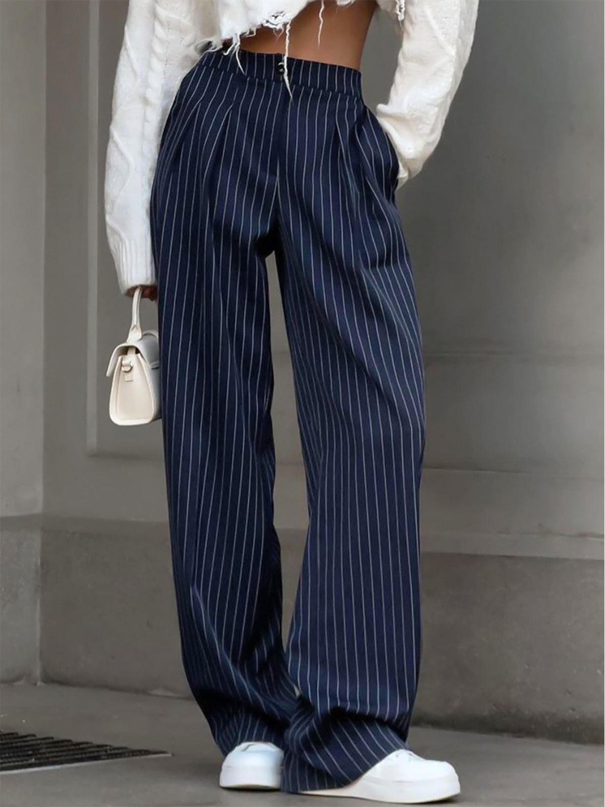 Çizgili Plise Geniş Paça Pantolon