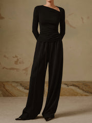 Asimetrik Yaka Uzun Kollu Kanallı Örgü Gömlek