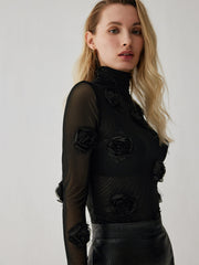 Yarı Şeffaf Yüksek Yaka Çiçek Dekorlu Gömlek