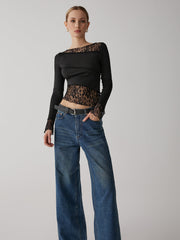 Parçalı Desenli Dantel Uzun Kollu Bluz