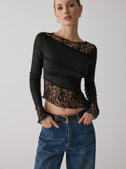 Parçalı Desenli Dantel Uzun Kollu Bluz