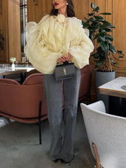 Yarı Şeffaf Bluz Volanlı Yuvarlak Yaka