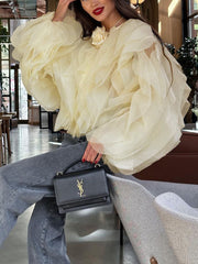 Yarı Şeffaf Bluz Volanlı Yuvarlak Yaka