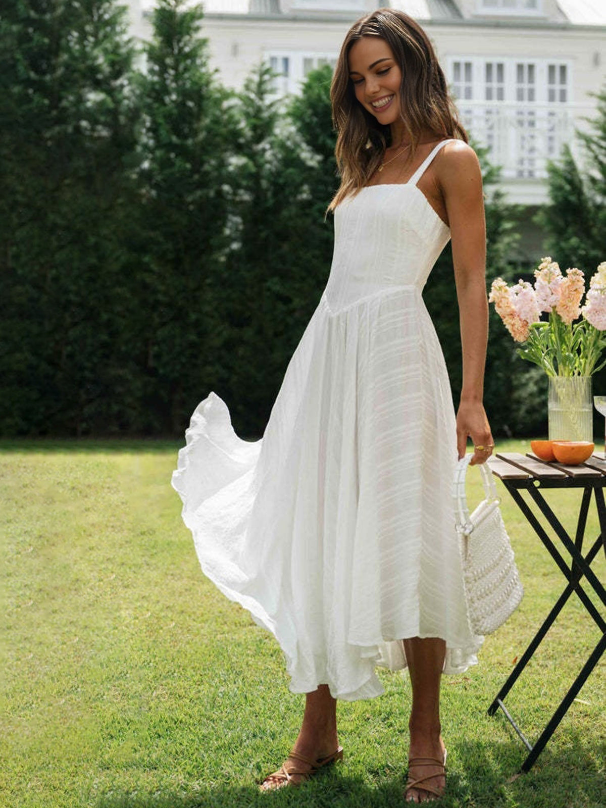 Romantik Pamuklu Uzun Askılı Elbise