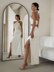 Çapraz Yaka Yırtmaçlı Uzun Triko Elbise