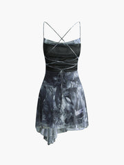 Çapraz Desenli Asimetrik Kısa Elbise