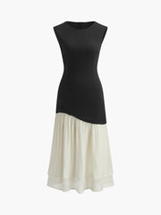 İki Renkli Plise Midi Elbise